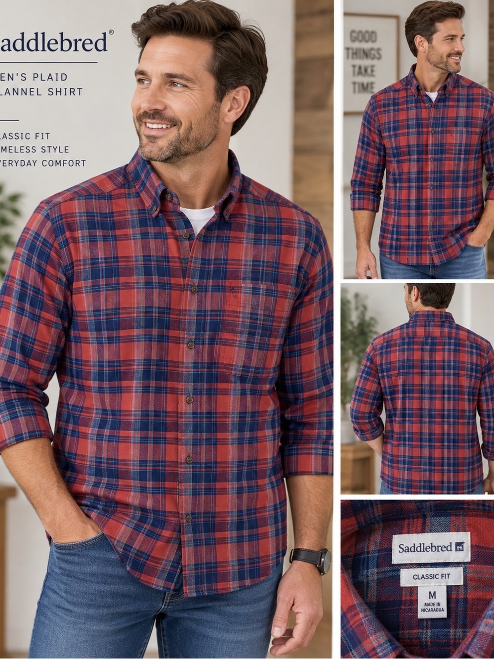Saddlebred Men's Red and Blue Plaid Flannel Button-Down Shirt Size Medium